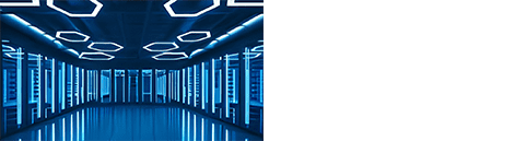 Futuristic corridor with glowing blue lights and geometric patterns.