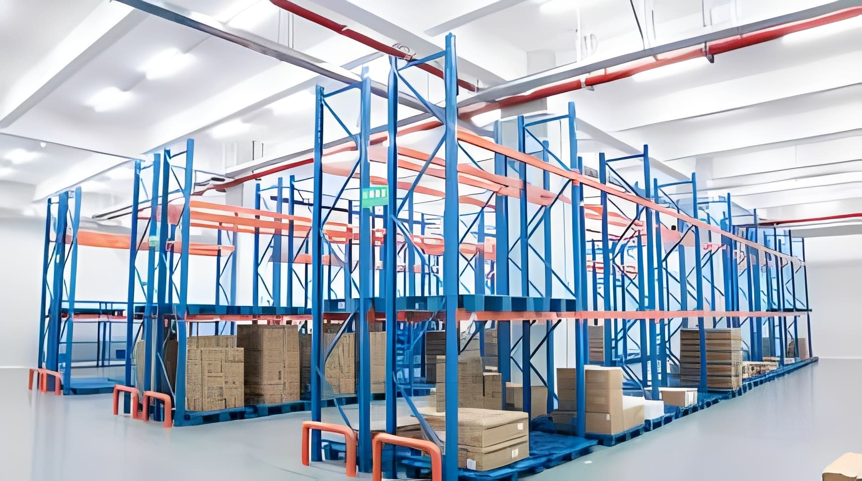Warehouse storage racks with pallets and boxes organized underneath.