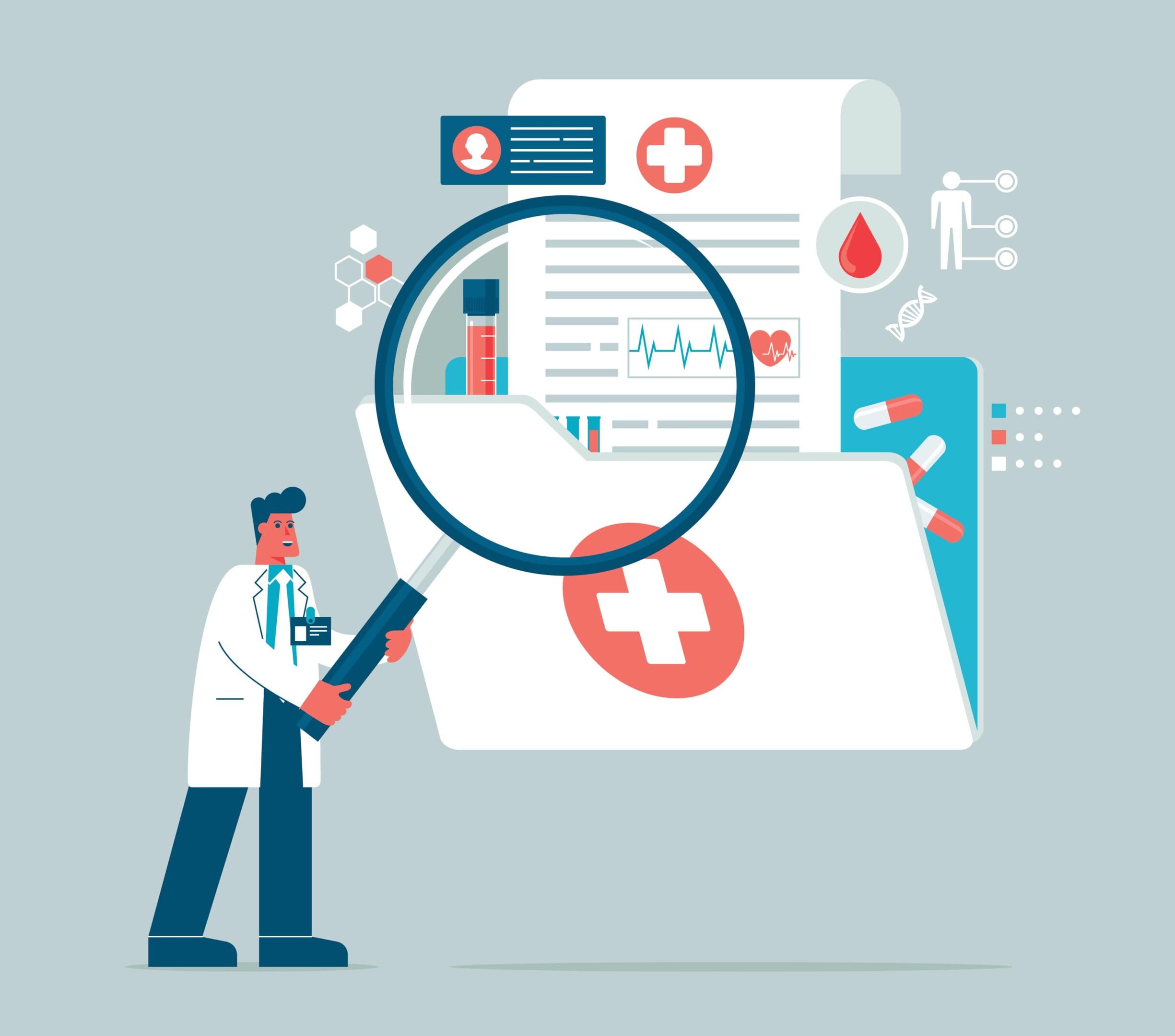 Doctor examining medical records with magnifying glass.