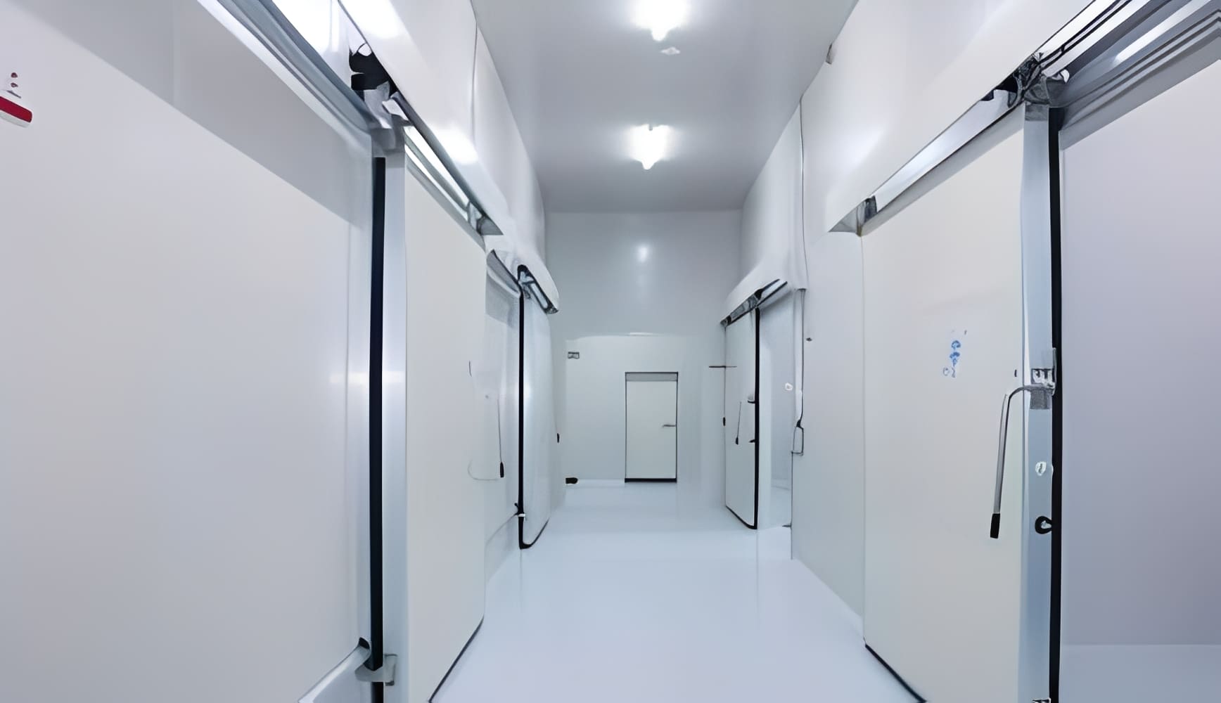 Clean, white industrial corridor with multiple refrigerated doors.